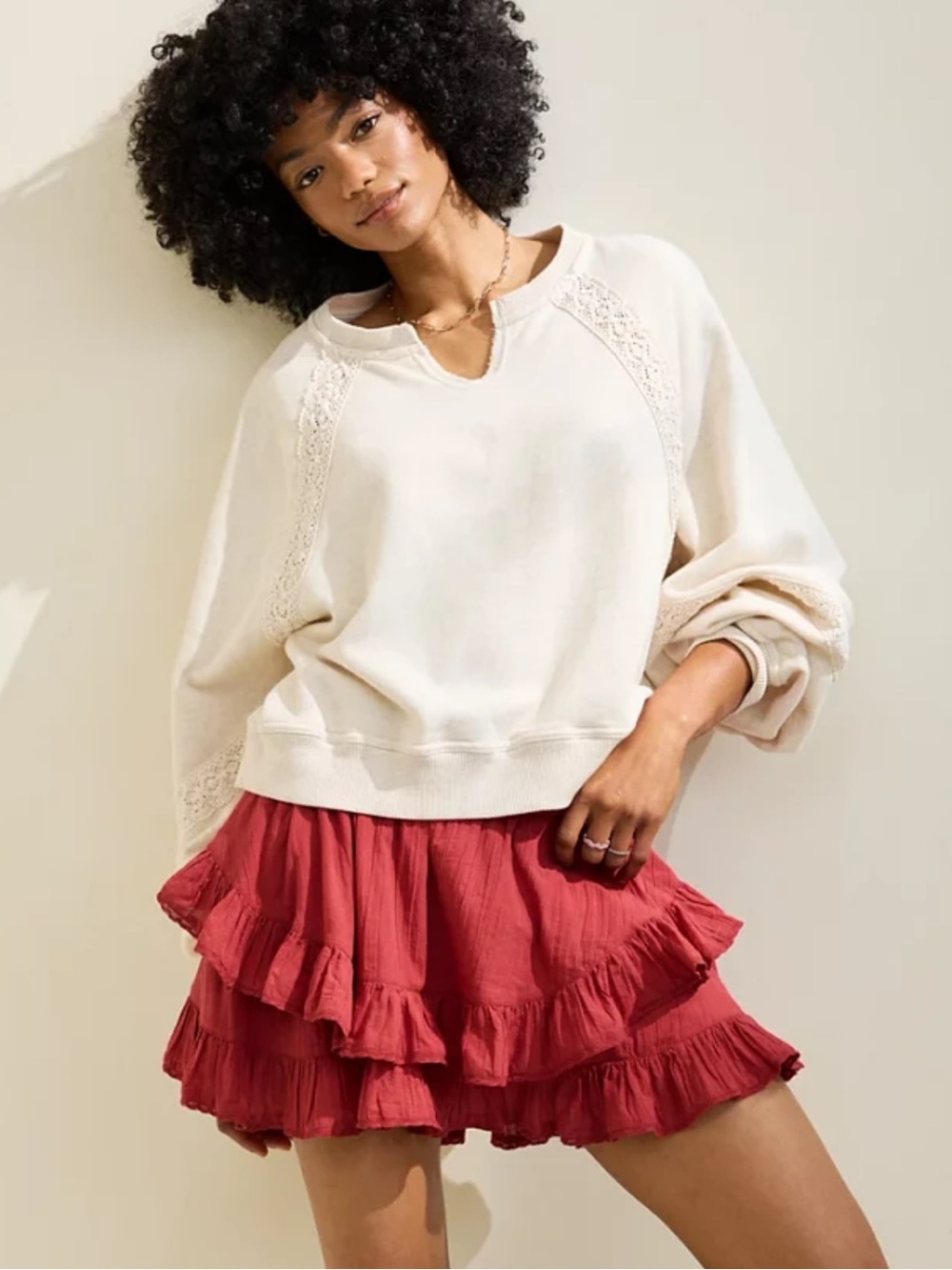 Aerie Red Tiered Ruffle handkerchief mini skort